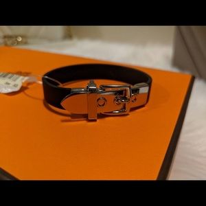Hermes Black Leather & Palladium Buckle Bracelet